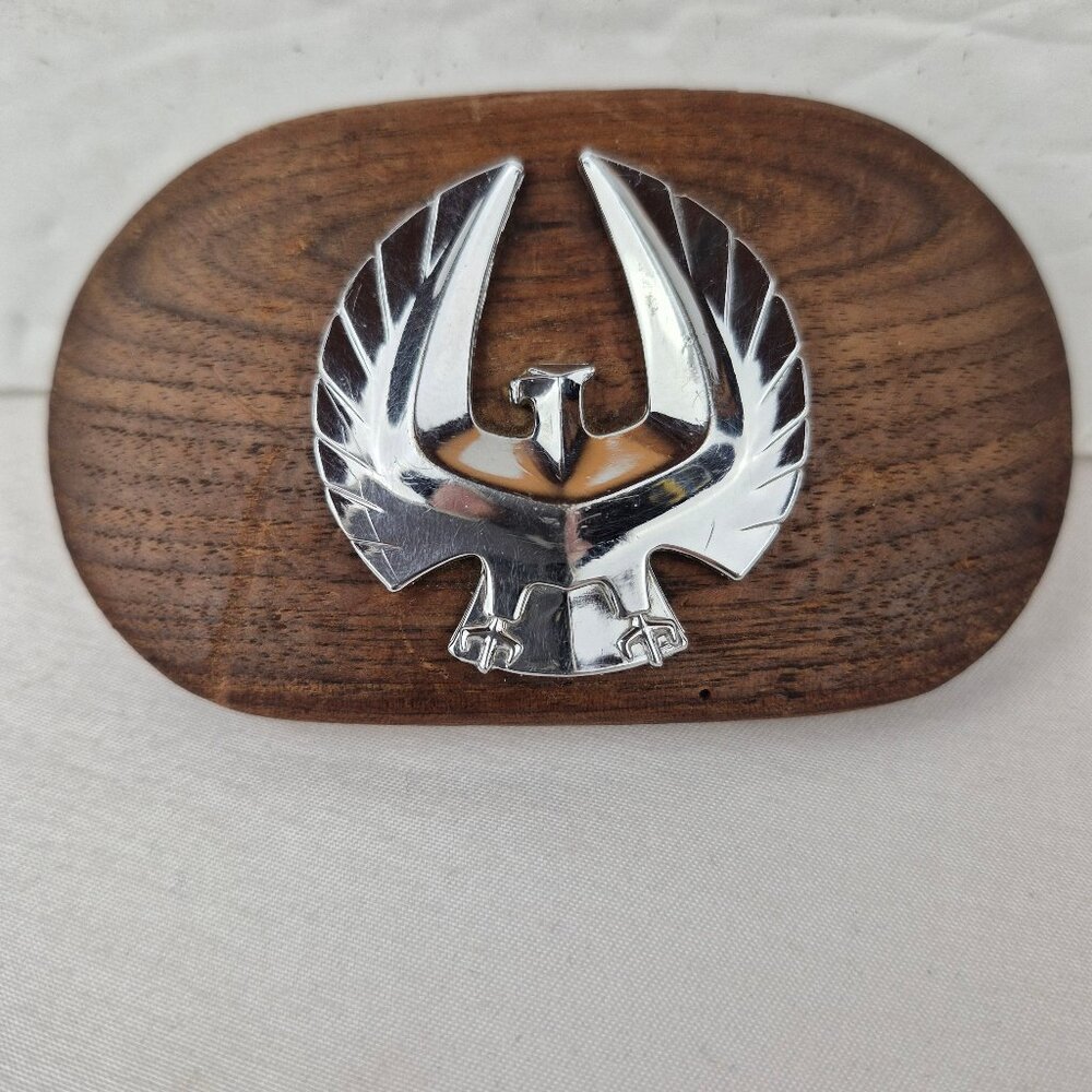Handmade Wooden Belt Buckle with Vintage Era Chrysler Imperial Emblem Ornament.